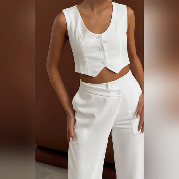 COMMENSE Solid Wet Asymetrical Straight Leg Pants Set Sz L NWT - Picture 8 of 13